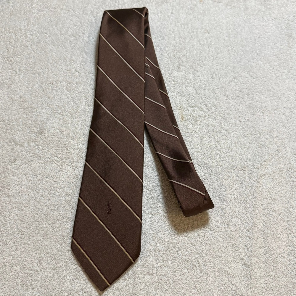Yves Saint Laurent Mens Silk Tie Brown Striped Vintage YSL Logo Necktie